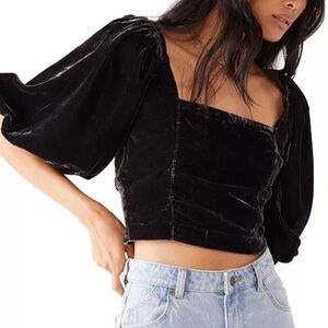 Free People Marie Velvet Open Back Black Crop Top Balloon Puff Sleeve Medium